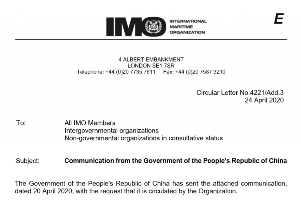 Communication from Chinese Government to IMO and International Industry for Guidance on How to Handl